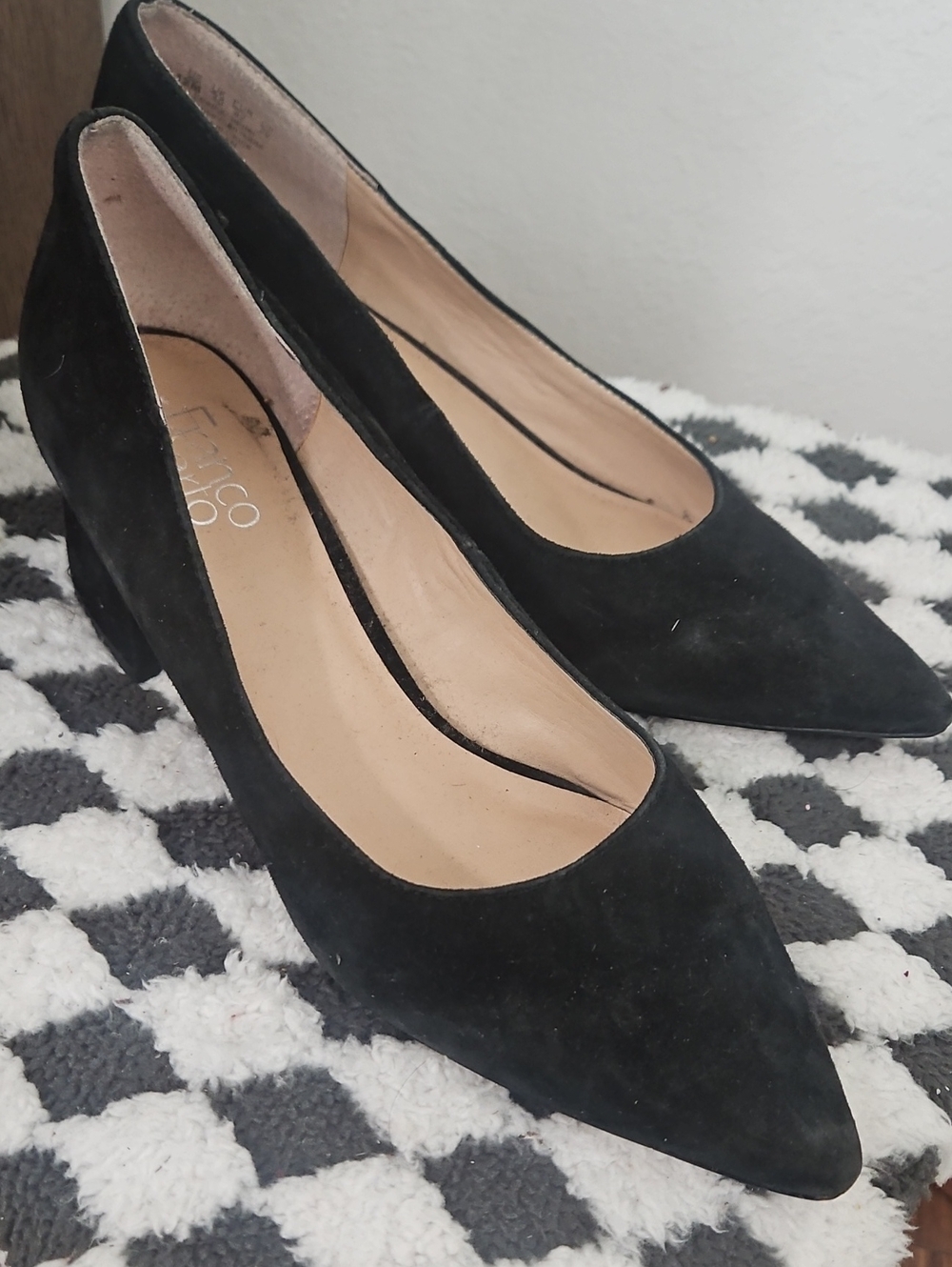 Franco Sarto Black Suede Pointed-Toe Block Heel Pumps